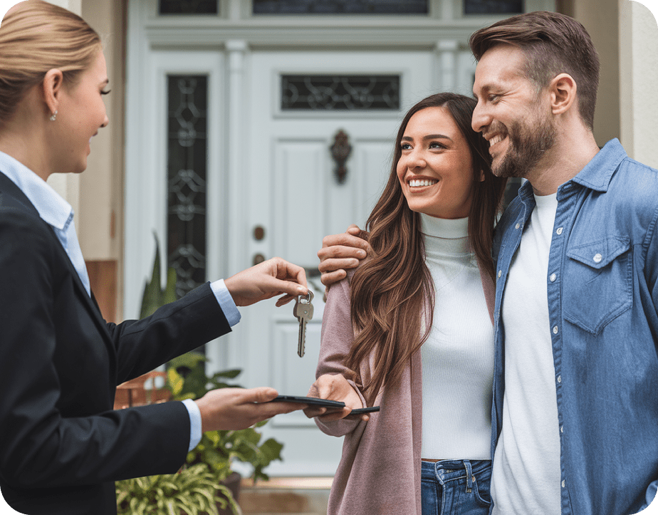 man-woman-are-standing-outside-house-with-man-holding-card-woman-blue-jacket 1-min